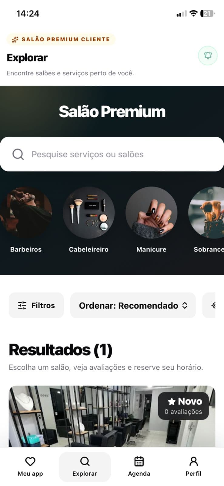 App cliente do SalãoPremium mostrando salões próximos