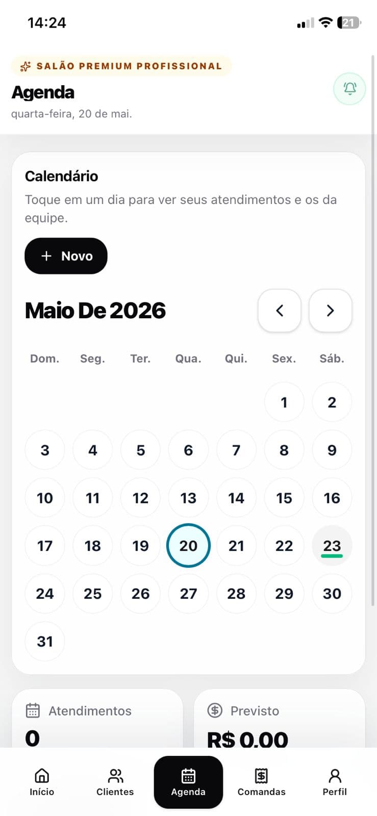 App profissional do SalãoPremium mostrando calendário
