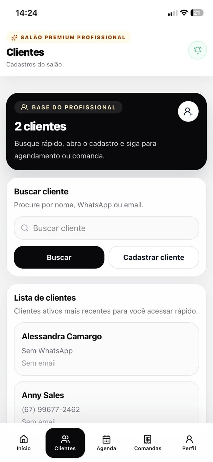 App profissional do SalãoPremium mostrando clientes