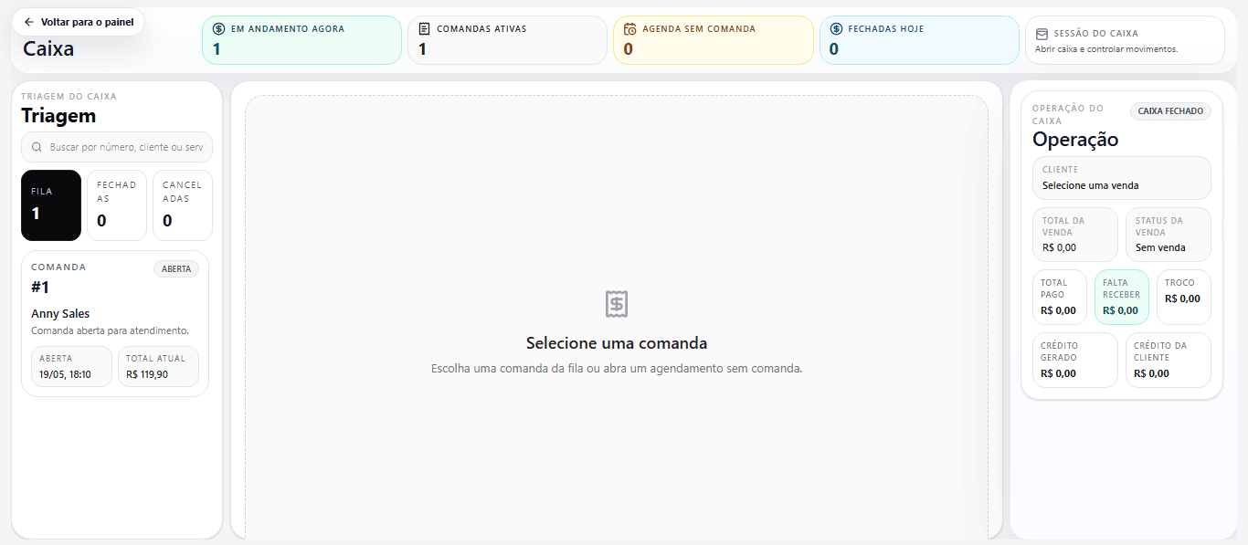 Painel web do SalãoPremium mostrando fechamento do caixa