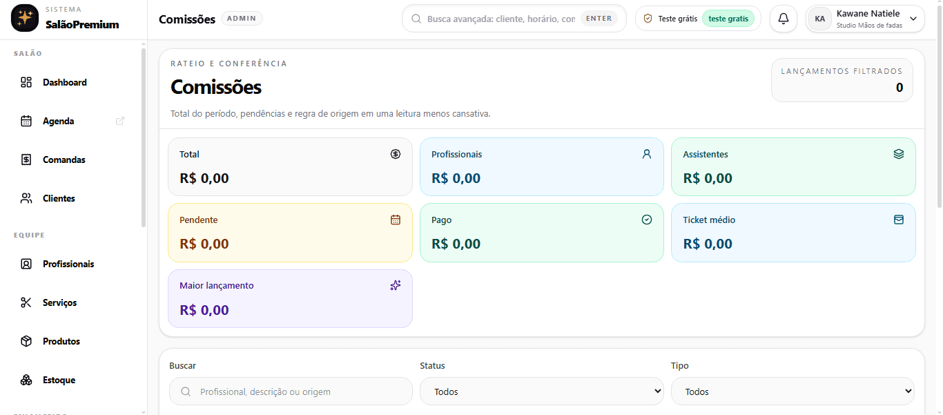 Painel web do SalãoPremium mostrando tela de comissões